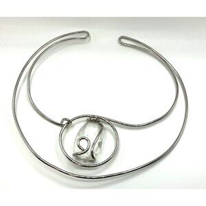 Silver Tone Wire Wrap Choker Necklace With Clear Crystal Pendant